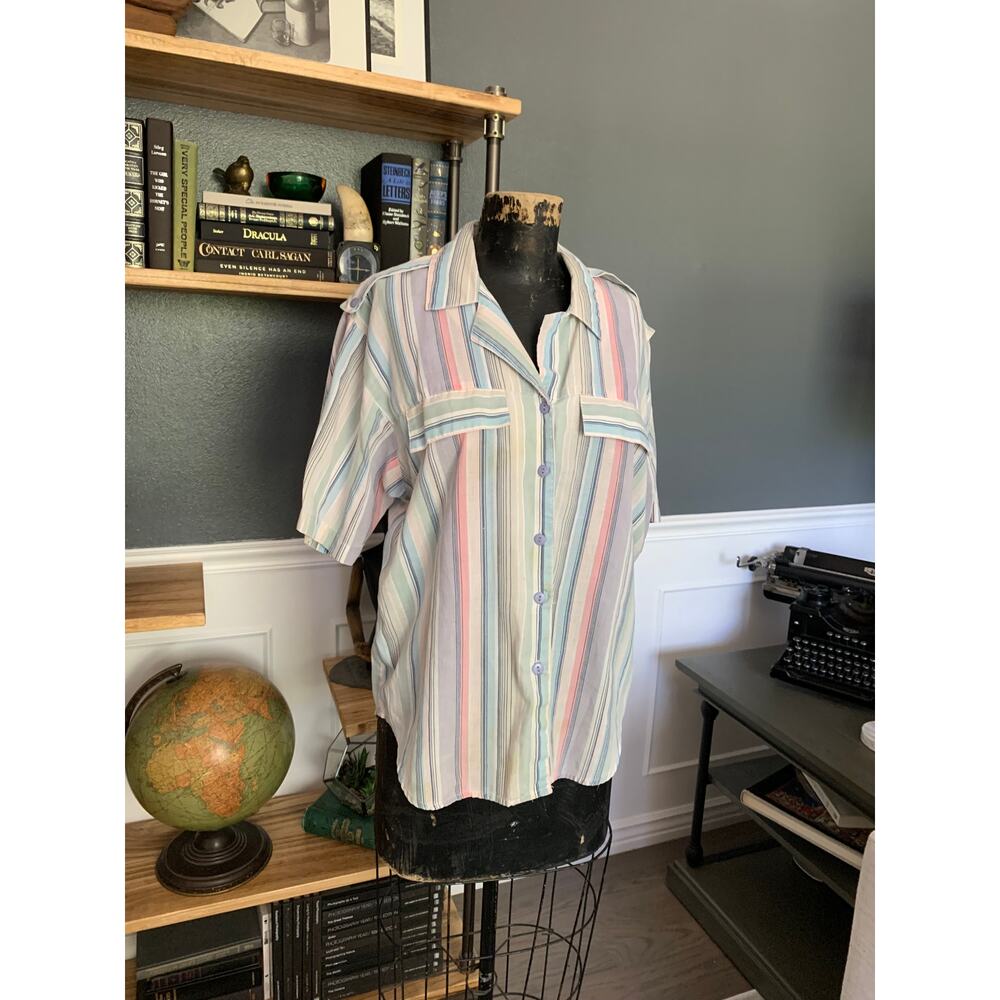 Pastel Striped Blouse, Tap & Co, Collared, V Neck, Short Sleeve, Fake Pockets